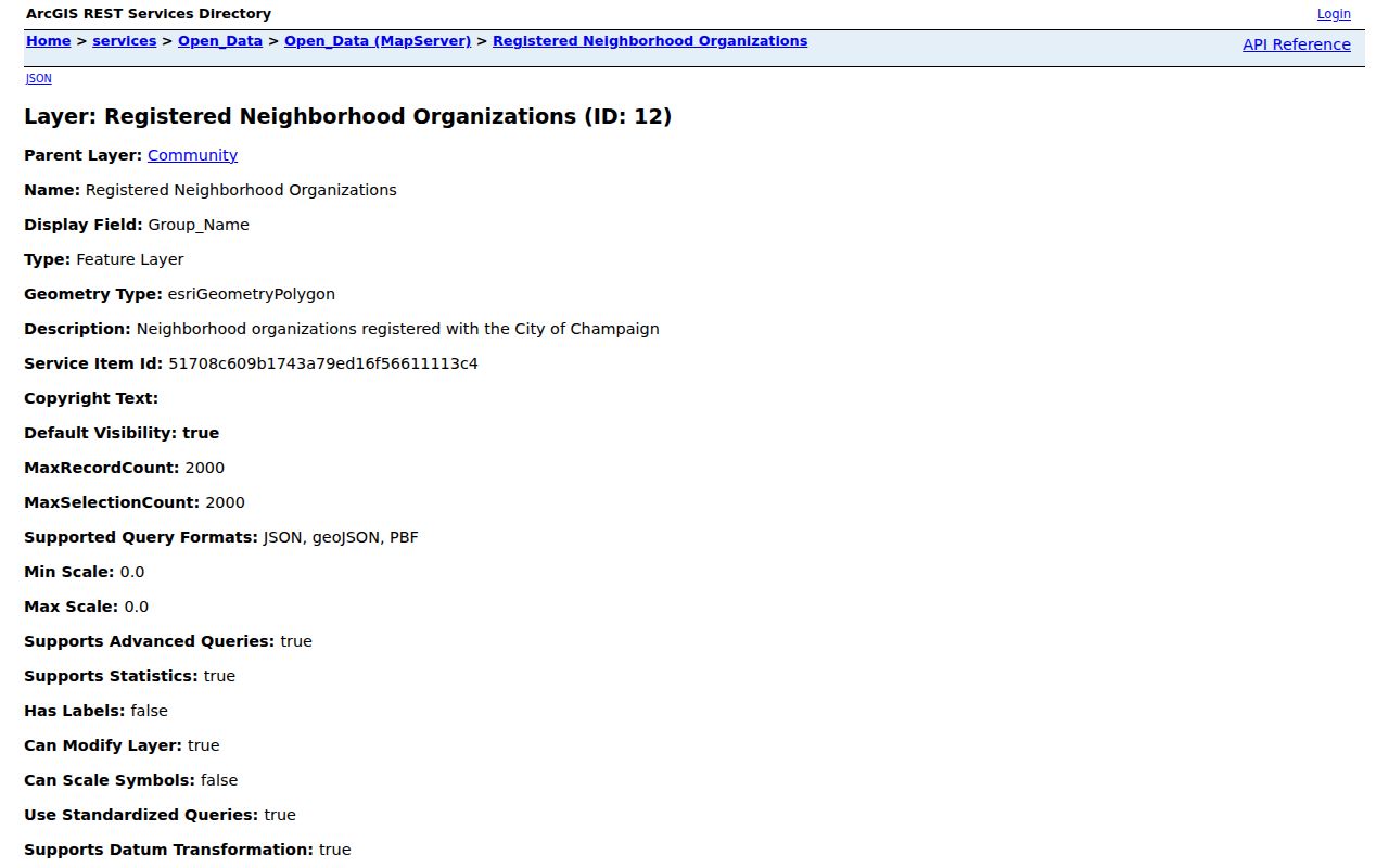 Champaign registered neighborhood organization GIS layer fields and service details
