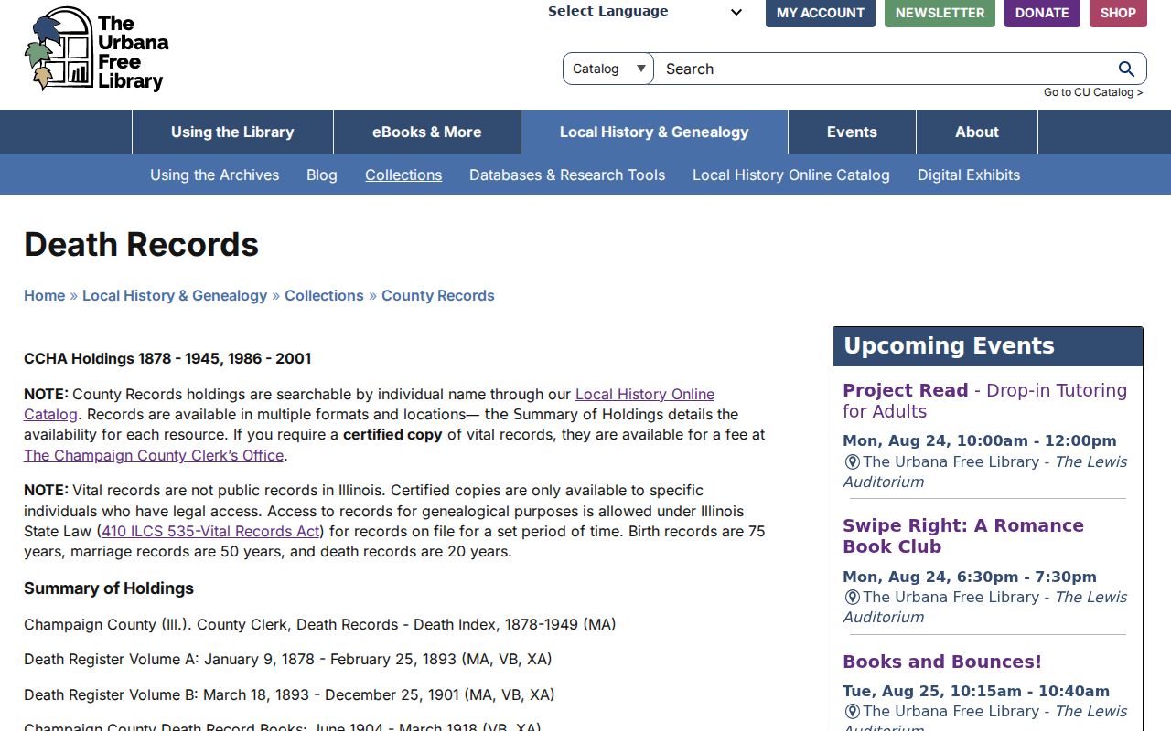 Champaign County previous residents historical death record holdings