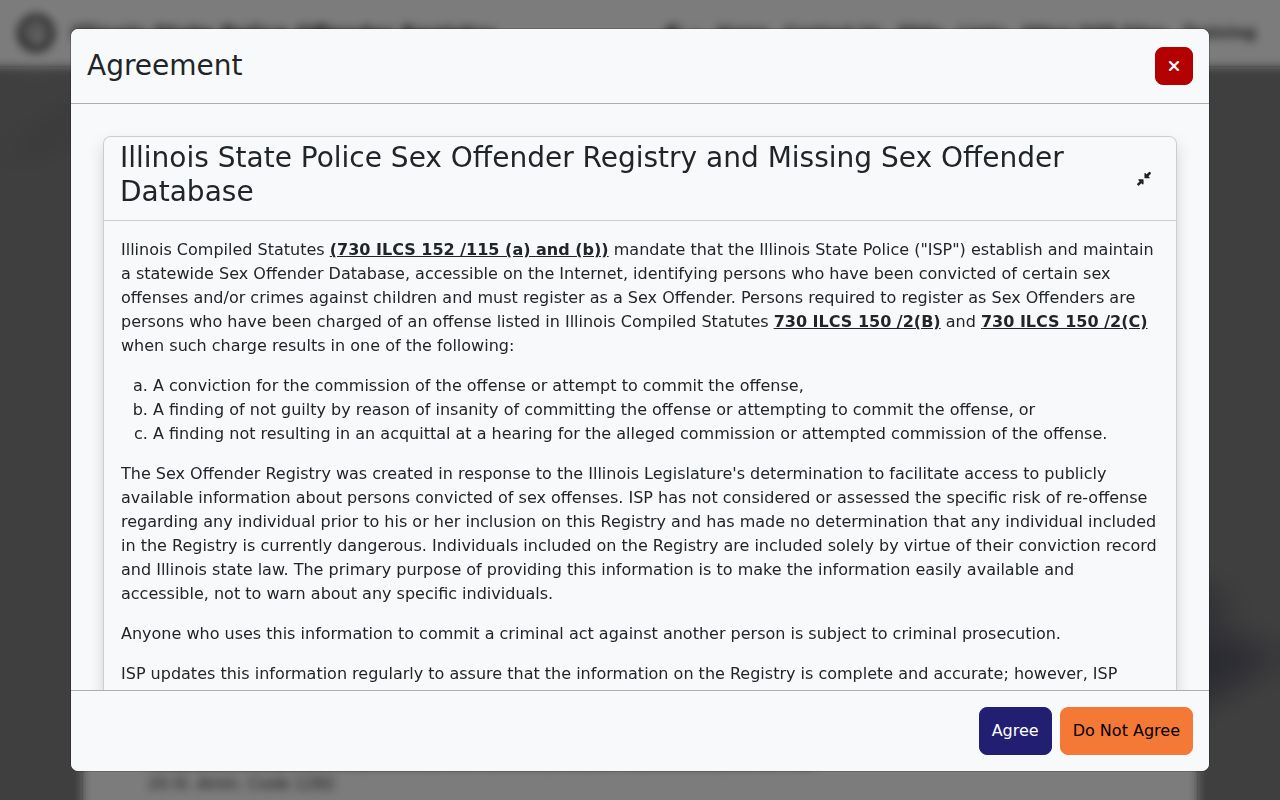 Illinois State Police offender registry search choices and disclaimer